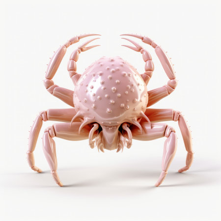 a pink crab is featured in this isolated 3d illustration photo (218792714). the image showcases disfigured forms and an ominous vibe, with a light beige color palette. the intricate and bizarre illustrations, reminiscent of kombuchapunk, create a unique and captivating visual experience. the photo also exhibits elements of macro photography. ai generatedの素材