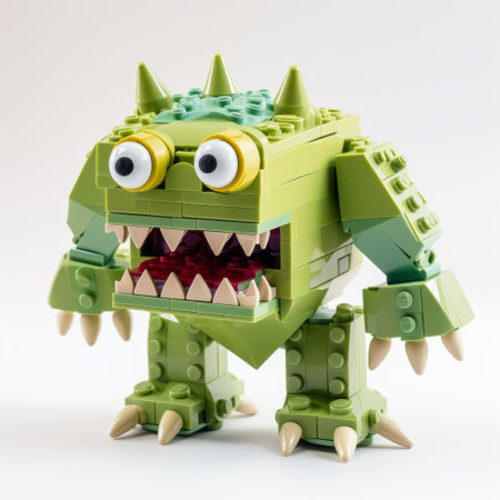 the lego brick monster, designed in the style of the tamron 24mm f28 di iii osd m12 lens, features a big mouth and angular forms. its green academia color scheme adds a vibrant touch. with clean and sharp inking, this algeapunk-inspired creation showcases jagged edges and bombacore elements. ai generatedの素材