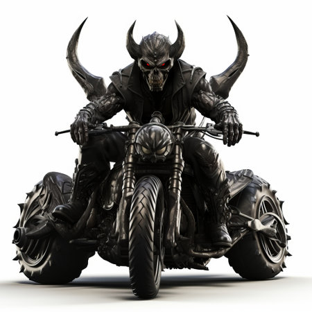 a man in dark armor rides a nightmare-inspired bike with horns on the sides. this ultra-realistic, high-resolution image showcases the unique style of dracopunk. the raw and confrontational design of the bike reflects the essence of yankeecore. get ready to be captivated by this striking and edgy photo. ai generatedの素材