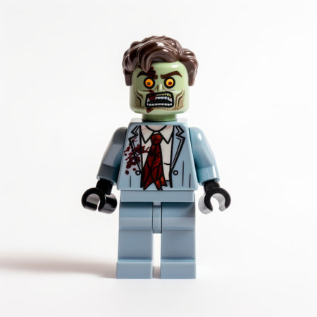 the lego zombie in a suit is a marvel comics-inspired figure, featuring a unique combination of light navy and light green colors. this manapunk character is captured in a photographically detailed portrait, showcasing the expertise of the object portraiture specialist, tenwave. the image has a distinct medical imaging film aesthetic, adding an intriguing touch to this lego creation. ai generatedの素材
