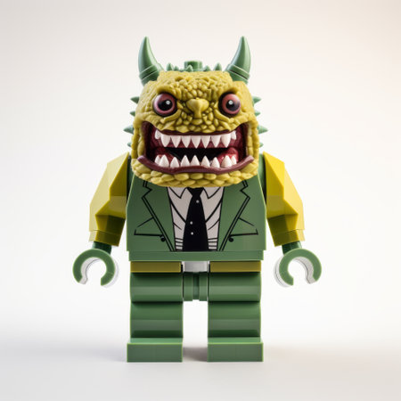 a lego figure with a big mouth and dark green smudges, resembling realistic and hyper-detailed renderings, is depicted in a corporate punk style. the figure is surrounded by anthropomorphic animals in light yellow and dark navy colors, reminiscent of dc comics. the overall composition draws inspiration from the works of sanford robinson gifford and slawomir maniak. ai generatedの素材
