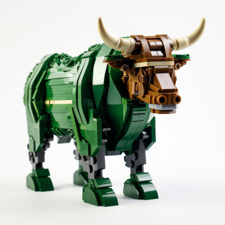 a lego bull with an impressively large horn stands out in this photo, showcasing a unique blend of metropolis and nature. the precisionist lines and vibrant colors, such as emerald and bronze, add to its visual appeal. inspired by the works of eiichiro oda, this creation reimagines traditional techniques with a junglepunk twist. shot on fujifilm provia 400x film. ai generatedの素材