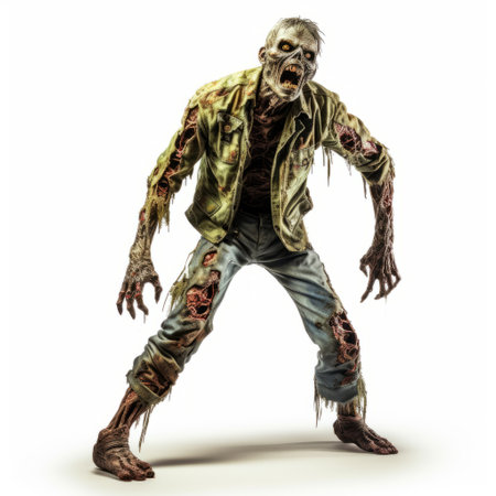 a zombie, dressed in jeans and a robe, is depicted in this photo with photorealistic accuracy. the colors used are light green and light amber, adding to the eerie atmosphere. the zombie's poses are exaggerated, showcasing the nightmarish nature of these creatures. the artist's attention to detail and precision is evident in this haunting image. ai generatedの素材