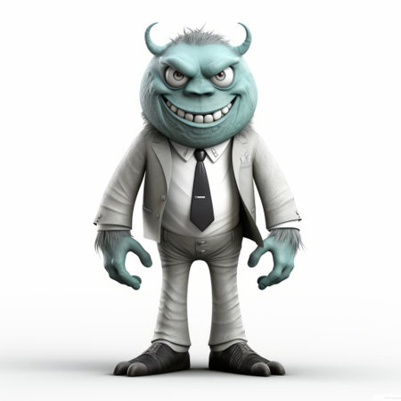 an animated businessman in the style of frightful folklore is depicted in this 3d rendering. the dark white and light aquamarine colors create a mysterious atmosphere, while elements of goblin academia and smilecore add a playful touch. the artwork showcases a unique use of texture, reminiscent of flickr and necronomicon illustrations. ai generatedの素材