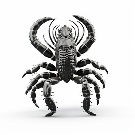a black and white scorpion, resembling a hyper-realistic sci-fi robot, is showcased on a white background. the intricate aluminum sculpture exhibits a futuristic and symmetrical design, reminiscent of the dazzling chiaroscuro style. this captivating image evokes the essence of technological symmetry and the world of perry rhodan. ai generatedの素材