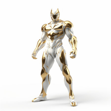 a white and gold superhero character with wavy armor, featuring ultra-realistic details and chrome reflections. the design draws inspiration from kintsukuroi, a japanese art form, and incorporates elements of hurufiyya, known for its distinctive characters. the precisionist lines and polished metamorphosis add a unique touch to this visually striking image. ai generatedの素材