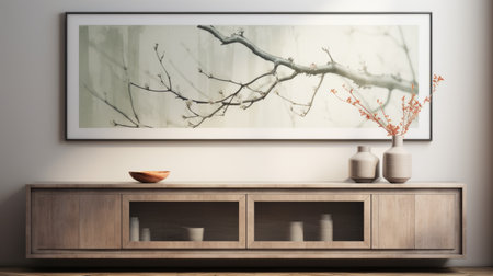 a large panoramic painting adorns the wall of a room, featuring clear and precise bird art in the classic japanese style. the artwork showcases photorealistic details, with a focus on the joints and connections. earth tones are used to create a sense of simplicity, while flowers in the corner add a touch of natural beauty. this painting captures the essence of tabletop photography. ai generatedの素材