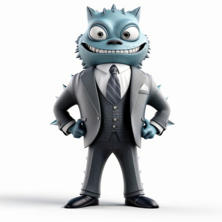 a cartoon character wearing a suit and tie is depicted in a dark silver and aquamarine color scheme. the character is surrounded by fantasy creatures, creating a photo-realistic hyperbole effect. the image features jagged edges and sharp, prickly details. the character stands against a white background, giving the image a matte photo finish. ai generatedの素材