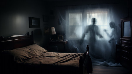 a bedroom with a sheet hanging down along the floor and a ghost in the room. the double exposure technique creates a smokey background, giving it a manapunk aesthetic. the light-focused composition adds to the eerie atmosphere, enhanced by swirling vortexes. the terrorwave and solarization effects intensify the haunting ambiance. ai generatedの素材