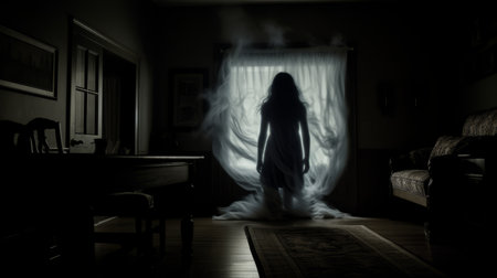 a haunting ghost captured in a soft and dreamy style, this photo showcases a realistic portrayal of light and shadow. the image features swirling vortexes and silhouette lighting, reminiscent of the works of artists like kelly sue deconnick, john wilhelm, and kahlil gibran. ai generatedの素材