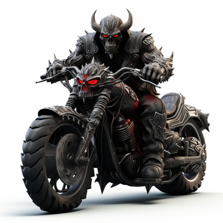 a dark racer on his motorcycle, portrayed as a fantasy character, with precise detailing and distinctive features. this high-resolution image showcases a devilcore-inspired style, combining elements of horror and precisionist art. ai generatedの素材