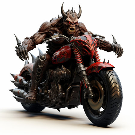 the devil, depicted in a photorealistic rendering, is seen riding a motorcycle adorned with spikes. the motorcycle's auto body works are visible in light red and light brown tones, adding to its menacing appearance. the rough clusters of spikes create a visually striking effect. this captivating image was captured on 70mm film, showcasing the intricate details of the devil's ride. a unique and captivating photographの素材