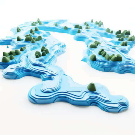 paper land with mountains in the shape of water, featuring accurate topography, organic and flowing forms, kintsukuroi, precise nautical detail, varying perspectives, water drops, and nature-inspired installations. ai generatedの素材