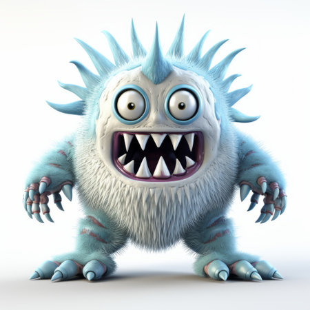 a monster with big jaws, this cartoon character features large jaws and is designed in a light white and sky-blue style. the spiky mounds and playful use of texture give it a unique appearance. created using daz3d, this character embodies a frogcore aesthetic with shiny eyes and a raw vulnerability. ai generatedの素材