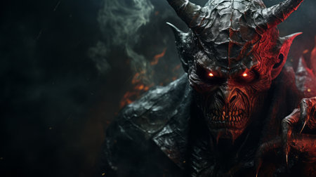 a demon with fiery flame in hand, depicted in vray tracing style. this 32k uhd image showcases intricate and detailed facial features, with dark explosive and gritty textures. perfect for halloween-themed designs and projects. ai generatedの素材
