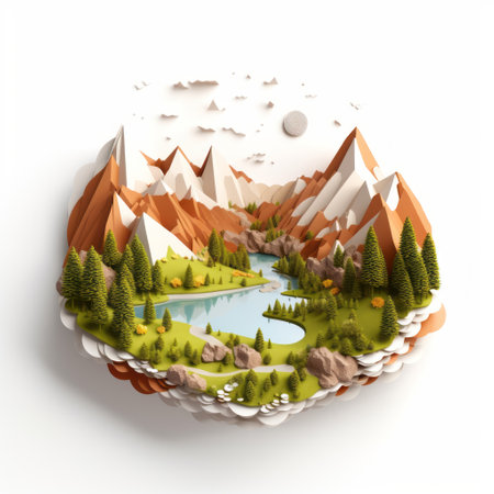 a stunning 3d paper cut art of a mountain valley landscape featuring a charming mountain village surrounded by trees. the illustration showcases a mountain top and clear water, created in the style of tilt-shift lenses. this artwork, inspired by the works of alastair magnaldo and atey ghailan, is a high-definition image with soft gradients in white and orange tones. ai generatedの素材