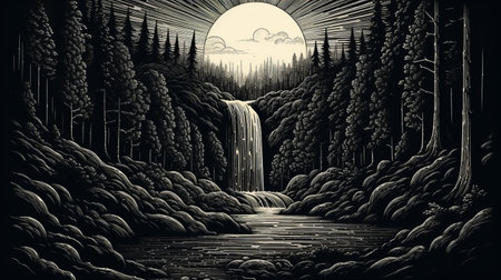 a mesmerizing ink drawing of a brookwood in the woods, capturing the ethereal beauty of dew drops glistening in the mysterious chiaroscuro. this hyper-detailed illustration, reminiscent of wood engravings, showcases an ominous landscape with a touch of fantasy art. the luminosity of the water and the captivating rim light add an enchanting allure to this captivating artwork. ai generatedの素材