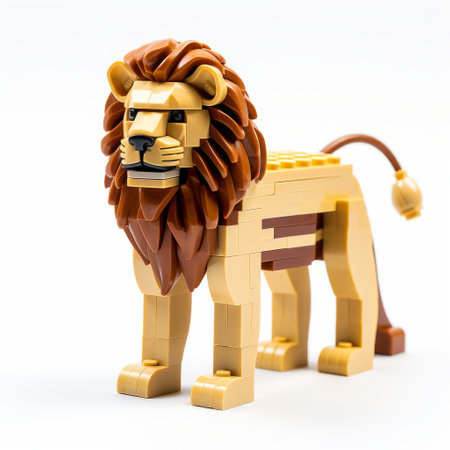 the lego lion features yellow eyes and a brown tail. with a shallow depth of field, the image showcases elongated figures in light orange and light indigo. the elegant inking techniques highlight the colors of light maroon and beige, while majestic elephants add to the composition. against a white background, this lego lion captures attention. ai generatedの素材