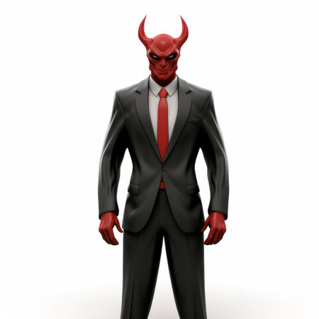 a red devil figure, portrayed as a person wearing a suit and tie, is depicted in this hyper-detailed and realistic rendering. the image showcases iconographic symbolism and a high-resolution quality. the artwork, created by david normal and andrew boog faithfull, presents an isolated figure with a crisp and clean look. ai generatedの素材