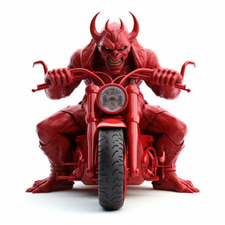 a red devil, embodying the essence of techno shamanism, sits astride a powerful motorcycle, exuding an aura of readiness to attack. this uhd image showcases the precise hyperrealism of the devil's form and the intricate details of the auto body works. against a white background, this gigantic-scale depiction captivates with its futurist claims. ai generatedの素材