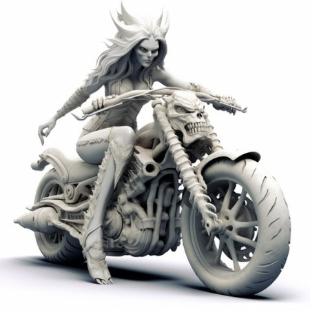 a 3d model of a female person riding a motorcycle, created by me, showcases a unique blend of supernatural creatures and harsh realism. the organic sculpting technique brings out intricate details, while the auto body works and precision painting enhance the ghoulpunk aesthetic. the overall color scheme is predominantly light white and white, adding a touch of elegance to the composition. ai generatedの素材