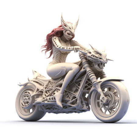 a 3d printed lady on a white motorcycle, created by john w smith, showcases a captivating blend of fantasy illustration, dragon art, and the dynamic energy found in marvel comics. the piece also incorporates elements of grotesque characters and the sketch-like aesthetics of dansaekhwa. ai generatedの素材