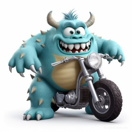 a disney monster on a motorcycle is depicted in this realistic and detailed rendering. the monster, with a strong facial expression, is captured in light turquoise and light gray tones. the image showcases the use of a zeiss milvus 25mm f/1.4 ze lens, adding to the overall quality of the composition. the style of the artwork can be described as smilecore and primitivist. ai generatedの素材