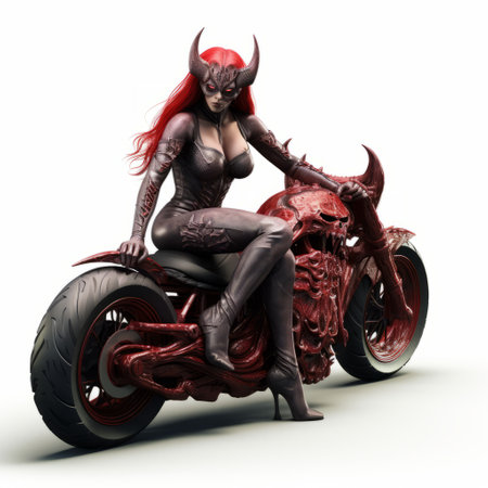 a woman in dark clothing rides a highly realistic motorcycle, reminiscent of fantasy creatures and the antichrist. the motorcycle's design features light red and crimson accents, giving it a unique and eye-catching appearance. this image showcases the fusion of fantasy elements with the world of superheroes, as well as the intricate details of the motorcycle's body extensions and auto body works. ai generatedの素材