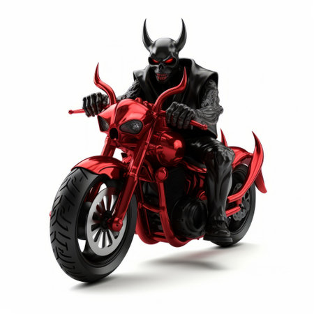 a red model motorcycle with horns is showcased on a white surface, featuring an aggressive digital illustration style. the design draws inspiration from superheroes and incorporates dark black elements. the lively action poses of the motorcycle create an eye-catching display. this high-resolution image captures the essence of cypherpunk aesthetics. ai generatedの素材