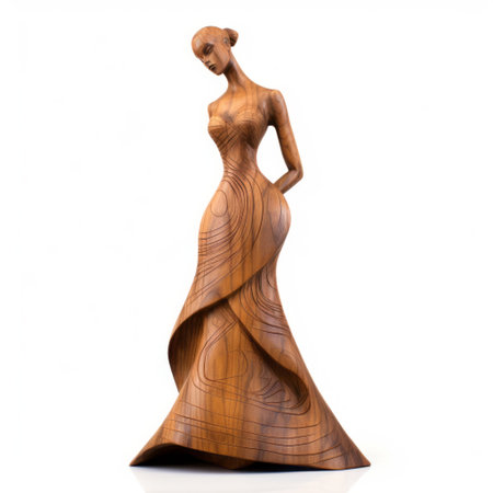 a wood sculpture of a female pose, showcasing glamorous elegance with high attention to detail. the sculpture embodies a unique blend of symmetrical asymmetry, featuring bold and cartoonish lines. created in the dansaekhwa style, this piece exudes timeless elegance. captured in stunning 32k uhd resolution, it is a true masterpiece. ai generatedの素材