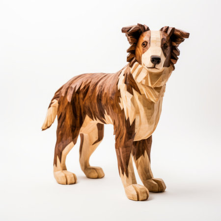 a wooden sculpture of a dog, crafted in the style of light maroon and brown, showcases high-contrast realism and nature-based patterns. with a low depth of field, the precisionist lines and shapes bring out the intricate details of this cheese-made artwork. inspired by the northwest school, this sculpture captures the essence of the subject in a unique and captivating way. ai generatedの素材
