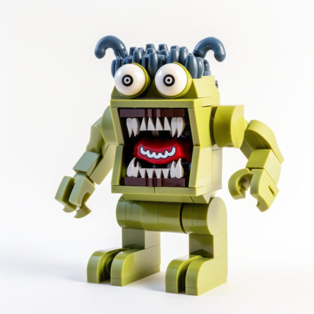 green lego monster with a mouth, resembling the olympus m.zuiko digital ed 45mm f/1.2 pro lens. this cubism-inspired creation features a combination of light yellow and light gray colors. it thrives in chaotic environments. the monster's appearance is reminiscent of the sony fe 85mm f/1.4 gm lens, with a blend of light yellow and dark navy shades. get ready to experience the vibrant world ofの素材