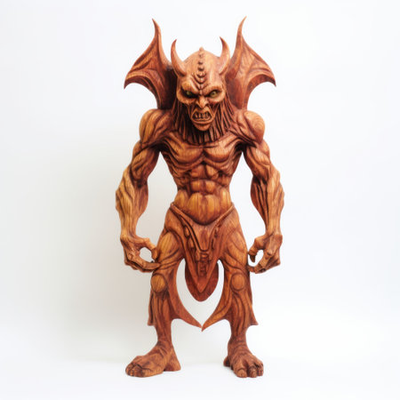 a wooden statue of a demon with horns, showcasing bold manga-inspired character design. the photorealistic detailing and holotone printing technique bring out its full body features. with a touch of ps1 graphics, the statue's light red and light brown colors create a striking contrast. the matte photo finish adds a unique texture to this captivating piece. ai generatedの素材
