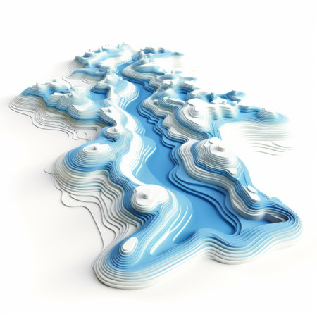 a water map showcasing various bodies of water such as seas, rivers, waterfalls, and lakes. this 3d model design is perfect for businesses, featuring a white background with undulating lines and layered organic forms. the color scheme of sky-blue and white adds a serene touch, while the spiky mounds and zen buddhism influence create eye-catching detail. ai generatedの素材