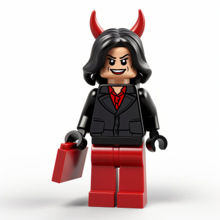 a lego minifig devil princess, designed in a corporate punk style, is depicted in this low-resolution image. the minifig features distinct facial features and is packed with hidden details. it captures a sense of suburban ennui, with its crimson and black color scheme adding to its two-dimensional appeal. ai generatedの素材