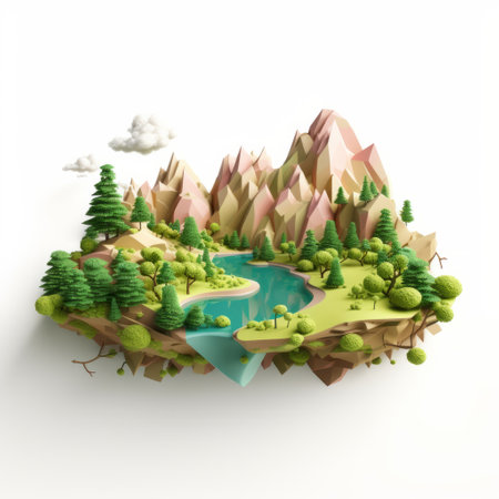 a photo of a 3d island nestled in a small valley, surrounded by a lush tropical forest and majestic mountains. the island is depicted in a graphic design-inspired illustration style, featuring faceted shapes and nature-inspired installations. the scene showcases romantic riverscapes and luminous 3d objects, emphasizing environmental awareness. ai generatedの素材