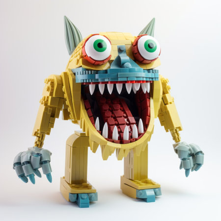 a lego monster created by aj_koon, featuring expressive character designs in the style of the tamron 24mm f28 di iii osd m12 lens. this monster showcases bold fragmentation and cubism-inspired elements, with a color palette of light yellow and light indigo. a unique blend of manapunk and rtx aesthetics. ai generatedの素材