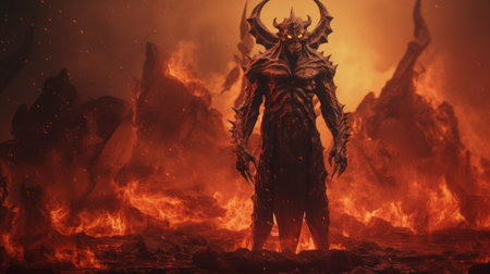 a demon from diablo 3 is depicted in this fiery wallpaper, showcasing a post-apocalyptic landscape. rendered in the stunning style of cinema4d and unreal engine 5, this 32k uhd image features a full-body view of the demon. the dark orange and black color scheme, along with multiple filter effects, adds to the intense and captivating atmosphere. ai generatedの素材