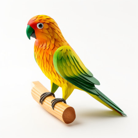 an origami bird, inspired by colorful woodcarvings, delicately rests on a wooden branch. with hyperrealistic precision, the yellow and green hues of the bird's paper feathers create a vibrant contrast against the natural wood. the intricate details of the woven and perforated design resemble polychrome terracotta, resulting in a lifelike and visually captivating piece. ai generatedの素材