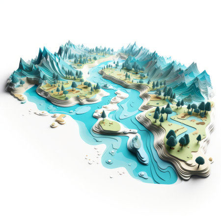 3d printing rendered nature by ivy ftm showcases multicolored landscapes in a unique style. the photo features a combination of dark turquoise and light beige hues, creating an innovative and visually striking page design. with elements reminiscent of national geographic photos, the image incorporates cartoon compositions and accurate topography. the strong use of negative space adds depth and intrigue to the overall composition. ai generatedの素材