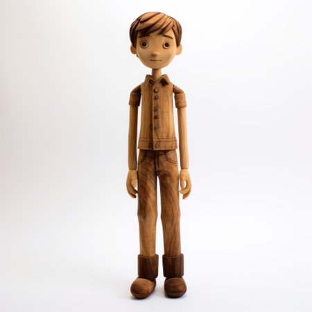 wooden man sculpture wearing trousers and loafers, resembling youthful protagonists. the sculpture features earthy organic shapes and is beautifully lit, creating a soft and detailed appearance. the low-angle perspective adds depth and intrigue to this unique artwork. ai generatedの素材