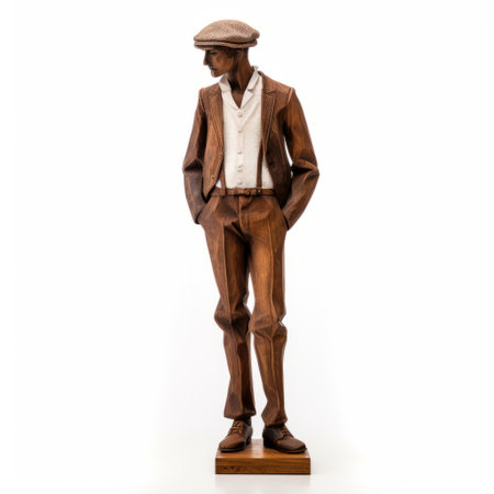 a wooden carving of a man in an outfit, showcasing conceptual elegance and polished craftsmanship. the style of the carving reflects impressionist colorism with light white and brown tones. the precise perspective and precisionist lines add to the overall elegance of the piece. ai generatedの素材