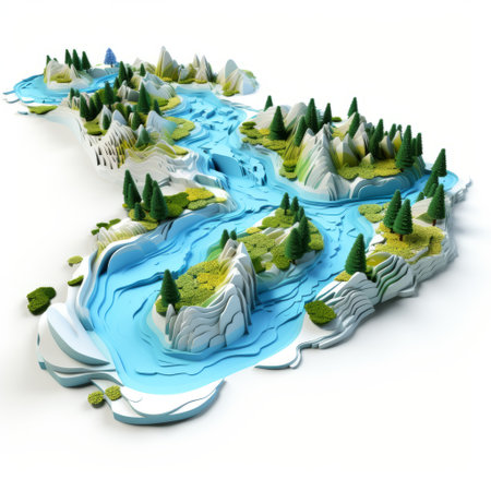 a forest and river scene is depicted in this national geographic photo. the image features a white background and is presented in the style of sculpted, three-dimensional puzzles. this creative illustration by yanjun cheng showcases an innovative page design. the photo is available under the creative commons attribution license. ai generatedの素材