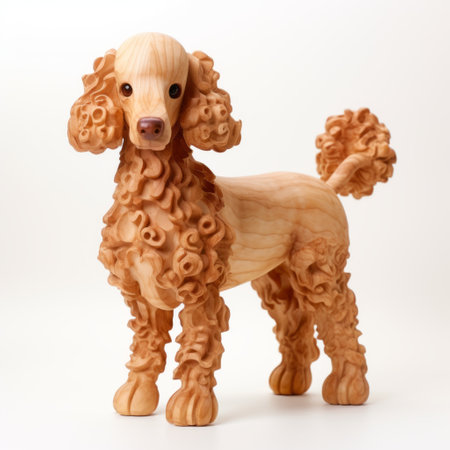 poodle dog figure by japan, created by kimjujiri oxo ceramics. this sculpture features a small circular pattern on a white background, resembling wood veneer mosaics. the realistic and detailed rendering, reminiscent of glen keane's style, showcases swirling vortexes and richly layered textures. created using zbrush, this artwork is a stunning representation of a poodle dog. ai generatedの素材