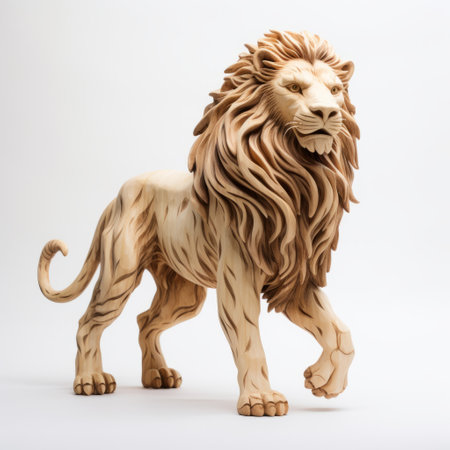 a wooden statue of an african lion, crafted in the style of noah bradley, stands on a white background. the precisionist lines and anamorphic art bring out the unique features of the sculpture. inspired by kris knight, the statue showcases a blend of industrial and product design, with toy-like proportions. the use of wood gives it a touch of natural elegance, reminiscent of ivory. aiの素材