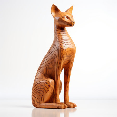 wooden figurine cat statue on white background, featuring vray tracing and egyptian art influences. this meticulously crafted wood sculptor showcases densely patterned imagery and high-contrast shading. a stunning example of precisionist art, this contest-winning piece captivates with its intricate details and masterful execution. ai generatedの素材