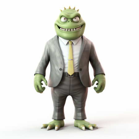 a funny 3d cartoon character wearing a suit and hat is depicted in this illustration. the character is looking up at the sky, surrounded by nightmarish creatures in a style reminiscent of dino valls. the color palette consists of light green and gray tones. the character's body is full and the overall aesthetic is sharp and prickly. this artwork was commissioned for a project relatedの素材
