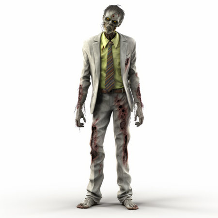 a 3d guy in a zombie suit, resembling an orderly arrangement, showcases the unique style of grandparentcore. the light yellow and white color scheme adds to the aesthetic appeal. this hyper-realistic representation, reminiscent of xbox 360 graphics, raises ethical concerns. this associated press photo captures the attention with its striking visuals. ai generatedの素材