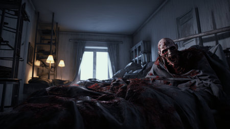 hacked zombies fill a room, surrounded by white noises and flickering lights. rendered in the style of unreal engine, this webcam photograph captures a hyperrealistic scene. the smooth and curved lines add to the eerie realism, while supernatural creatures lurk in the background. the solarizing master technique enhances the overall atmosphere. ai generatedの素材