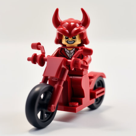 a lego man, in the style of a demonic photograph, is seen riding a red motorcycle on a white background. this unique image captures the essence of occultist draftsman influences, with a touch of 15th-century aesthetics. the photo was taken with a nikon d750, resulting in a visually striking composition. marvel comics and anthropomorphic animals add an intriguing twist to this captivating scene. ai generatedの素材